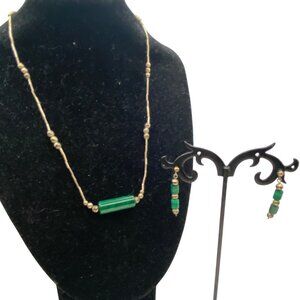 Sterling Liquid Silver Malachite Bead Necklace Dangle Earrings Set Vintage 15"